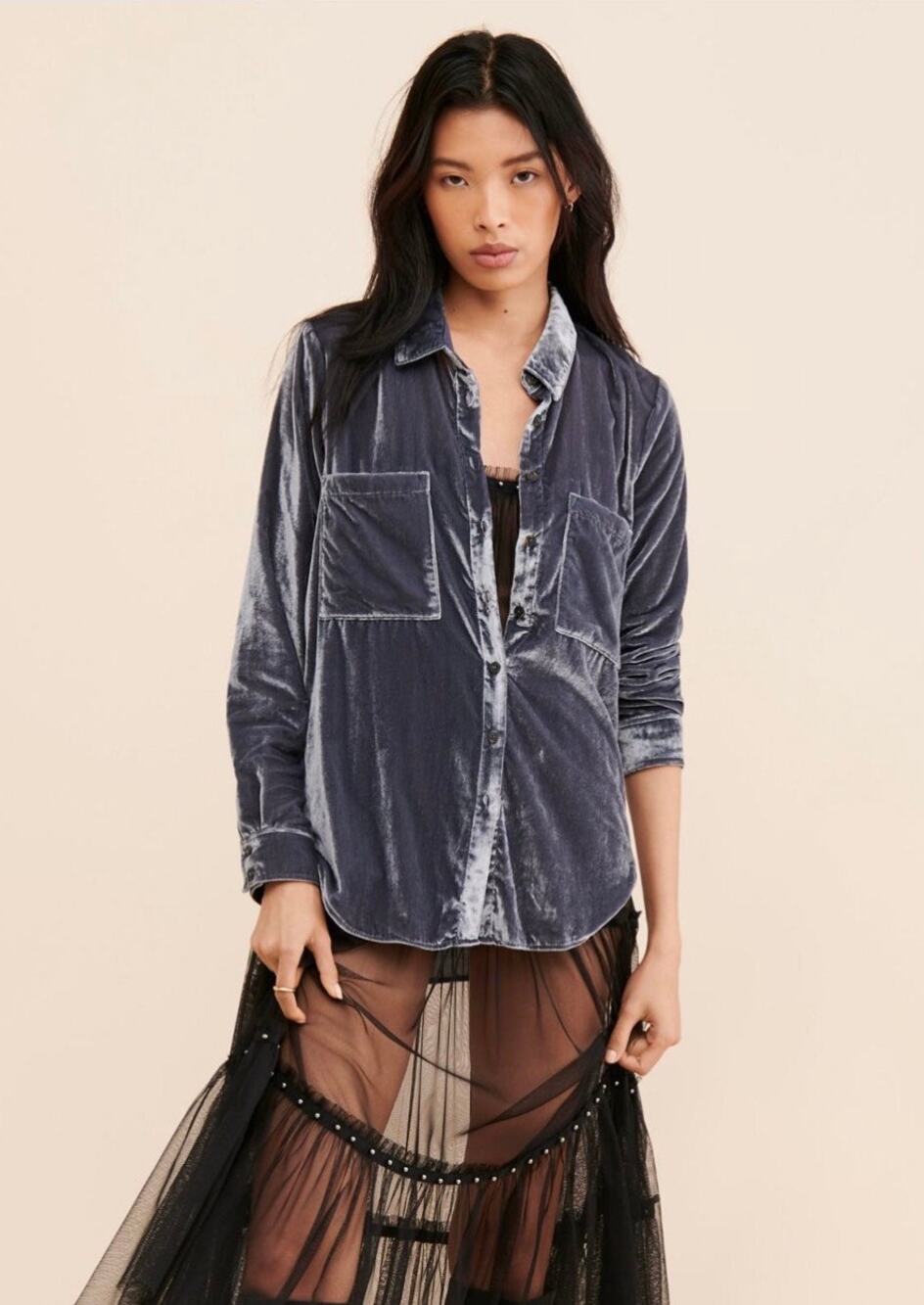 PILCRO x ANTHROPOLOGIE Relaxed Velvet Buttondown Shirt in Grey